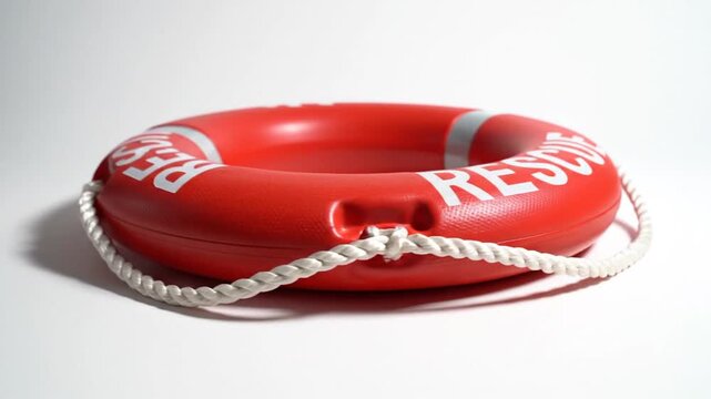 Orange rescue buoy with rope and 'RESCUE' text, safety equipment on white background