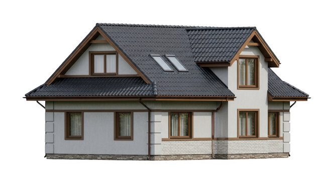 Modern two-story house with a pitched roof and dormer windows isolated on transparent background