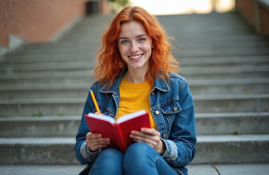 Young redhead woman smiles writing in red notebook with pencil. She wears denim jacket and yellow shirt sitting on outdoor stairs. Casual student lifestyle, creative thoughts, journaling inspiration.