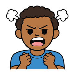 Fototapeta premium Angry boy cartoon, clenched fists, steam, frustration, blue shirt, emotional expression