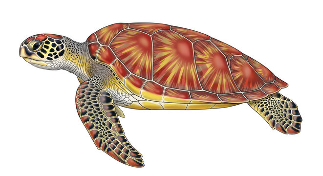 A sea turtle swimming gracefully in the ocean waters with a detailed shell pattern isolated on transparent background