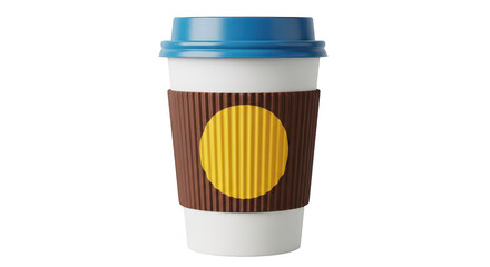 Obraz premium A stylized coffee cup with a yellow and brown color scheme and blue lid isolated on transparent background