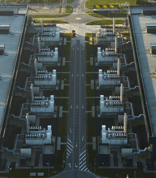 Aerial view of a major data center campus with multiple server buildings and infrastructure supporting cloud technology and ai internet network, Middenmeer, Netherlands.