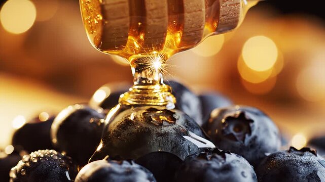 Cinematic macro video of golden honey slowly dripping from a wooden spoon onto fresh blueberries. Glowing highlights, warm bokeh, and mouthwatering texture in seamless zoom.
