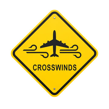 Yellow diamond warning sign indicating crosswinds with airplane silhouette and wind gusts isolated on transparent background for aviation safety and travel concepts