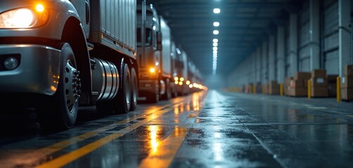 Fototapeta premium Line of trucks parked inside large warehouse at night. Boxes are stacked high on shelves along walls. Wet concrete floor reflects vehicle lights and overhead illumination, creating dramatic scene.
