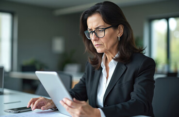 Fototapeta premium Mature woman in glasses studies tablet screen intently. She analyzes data reports, checks details with serious focused expression. Businesswoman works on digital device in modern office.