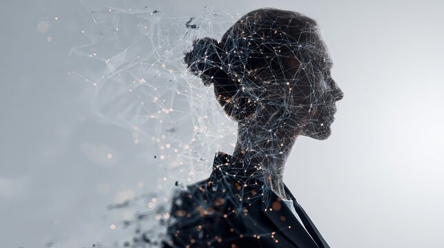 A woman's silhouette disintegrates into particles against a gray background