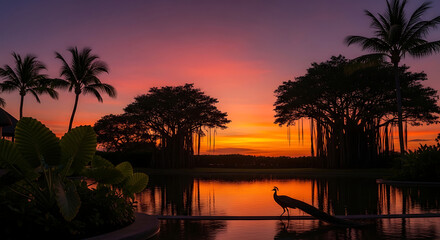 Obraz premium A breathtaking tropical sunset paints the sky in vibrant hues, reflecting on tranquil waters as a majestic peacock observes the serene evening glow