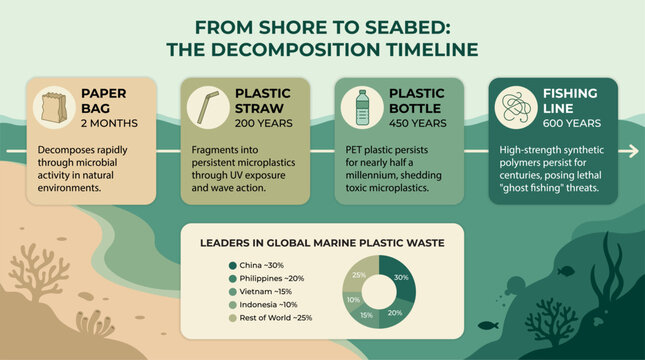 Infographic showing marine plastic decomposition timeline from shore to seabed, including paper, straw, bottle, and fishing line, with global pollution leaders and environmental impact data.