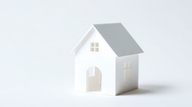 Minimalist white paper house model against a clean, bright background, symbolizing real estate, home ownership, and property investment concepts