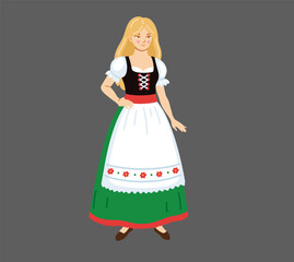 German woman wearing traditional costume. Germany. Bavarian national clothes. Folk ethnic dress. European girl. Hand-drawn vector illustration.
