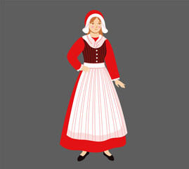 Dane woman wearing traditional costume. Denmark. National clothes. Folk ethnic dress. European girl. Hand-drawn vector illustration.
