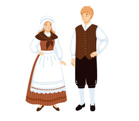Belgians. Woman and man in national dress. Belgium folk costume. Ethnic clothes. Europeans people isolated on white background. Hand-drawn vector illustration.