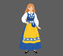 Swedish woman wearing traditional costume. Sweden. National clothes. Scandinavian folk ethnic dress. European girl. Hand-drawn vector illustration.