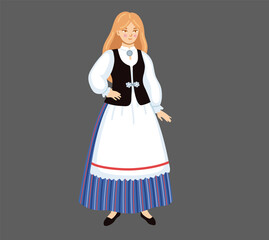 Finnish woman wearing traditional costume. Finland. National clothes. Folk ethnic dress. Norse European girl. Hand-drawn vector illustration.