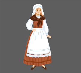 Woman wearing belgian traditional costume. Belgium. National clothes. Folk ethnic dress. European girl. Hand-drawn vector illustration.