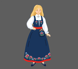Norwegian woman wearing traditional costume. Norway. National clothes. Scandinavian folk ethnic dress. European girl. Hand-drawn vector illustration.