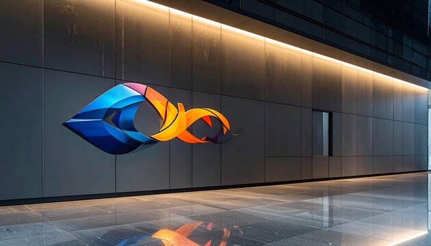 Modern interior with colorful logo and sleek reflective floor.