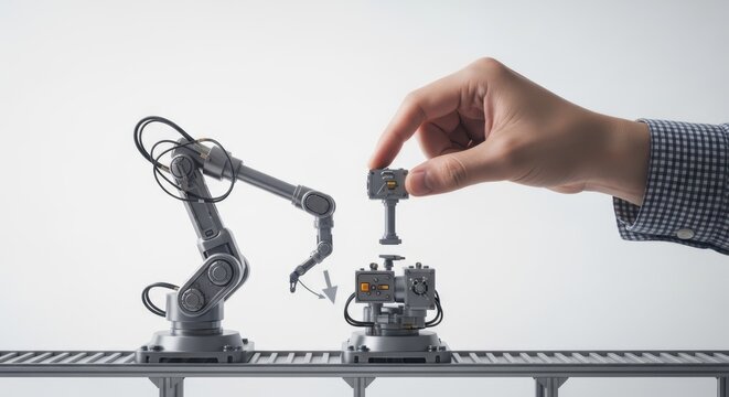 Side view of a hand manipulating a 3D robot arm model simulating assembly line movements