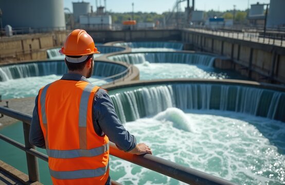 Man in hard hat and vest at wastewater facility. Overseeing water purification process with aeration cascades. Worker checks industrial water treatment plant infrastructure, clean water systems.