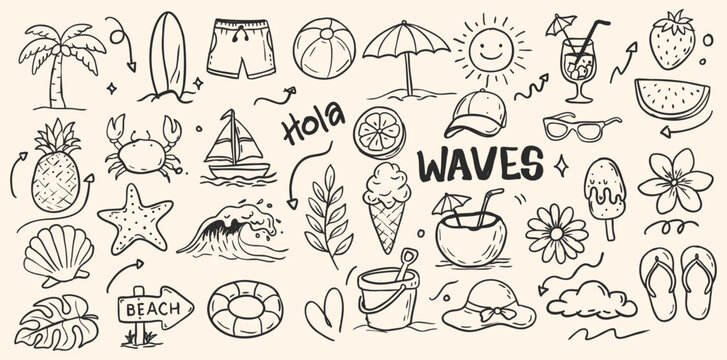 Hand Drawn Summer Beach Doodle Set. Tropical Vacation Elements, Sun, Waves, Surfboard, Palm Tree, Fruits, Ice Cream, Seashell, Line Art Vector