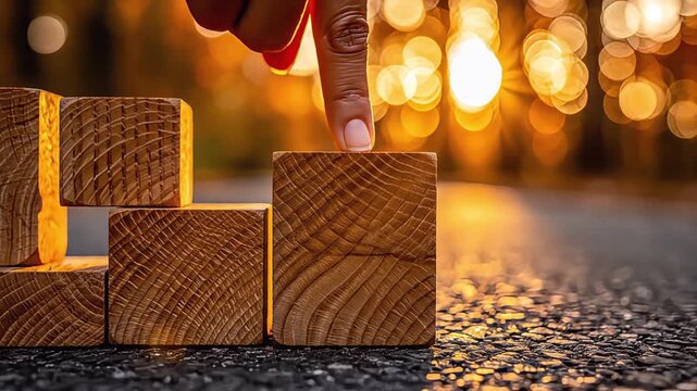 Person finger touching wooden cubes stacked as stairs against golden sunset bokeh background representing strategic business growth and success