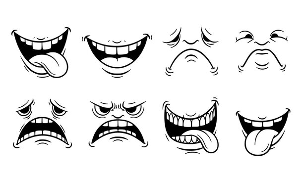 A set of emotive facial expressions in a minimalist line art style
