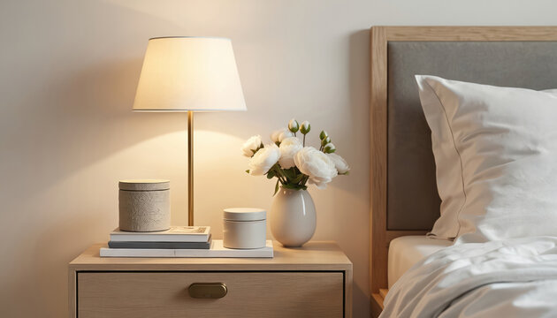 Cozy bedroom bedside table with lamp and white flowers. Modern wooden nightstand with books, decor jars, and soft pillow. Relaxing home interior.