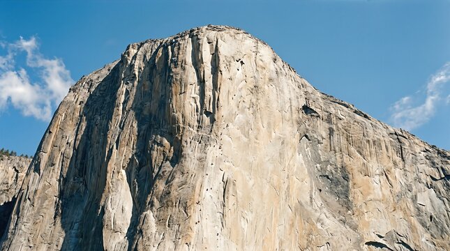 Alpinist climbing a large granite rock face. Extreme sport expedition on a mountain wall. Professional climber overcoming challenge in nature. Mountaineering adventure and outdoor activity concept