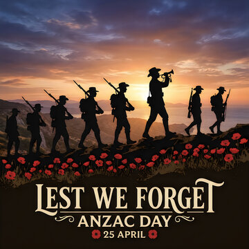 Lest we forget anzac day poster with soldiers and poppies