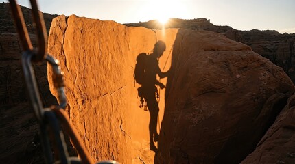 Shadow of a climber on a rock wall. Mountaineer silhouette during ascent at sunset. Extreme sports, alpinism adventure and hiking challenge concept. Outdoor activity in mountainous desert landscape