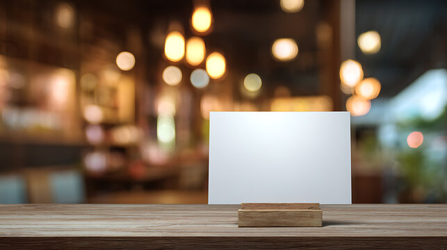 Blank White Card on Wooden Table with Bokeh Light Background, Perfect for Text or Design, Empty Space for Your Creative Message