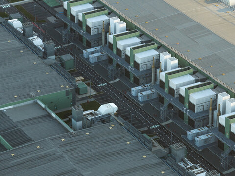 Aerial view of rows of server containers and industrial buildings viewed from above, showcasing modern technology infrastructure and cloud computing concepts, Middenmeer, Netherlands.
