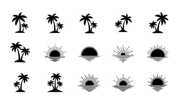 A set of black silhouette icons featuring palm trees and tropical sunrises