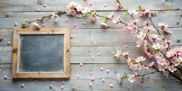 Rustic Wooden Background Featuring Delicate Pink Blossoms and a Blank Chalkboard Sign