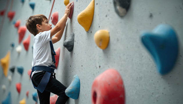 Young boy in safety harness climbs indoor rock wall using colorful holds. Child focuses on reaching next grip, engages in active play and physical training for strength.