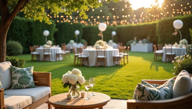 Outdoor garden party tables with chairs and decor are set on green lawn. String lights overhead create a festive evening atmosphere. Lounge furniture offers seating and relaxation.