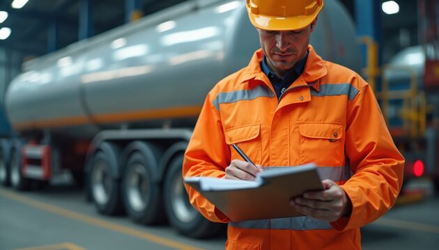 Worker in orange safety jacket and hard hat checks clipboard. Large chemical tanker truck waits in industrial background. Safety inspection for hazardous materials.