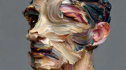 Artistic Transformation: A close-up view of an artful portrait sculpted from colorful brushstrokes, showcasing a dynamic interplay of textures and hues.