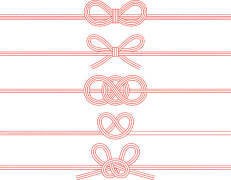 Collection of five red decorative knots and bows on white background  