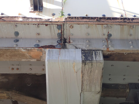 Aging steel bridge infrastructure inspection: severe rust, paint failure, and efflorescence, Japan
