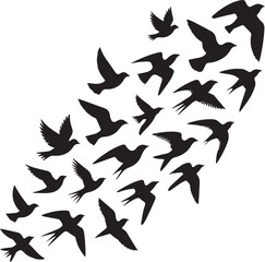 Fototapeta premium Silhouette Bird flock doodle. Flying birds black silhouettes in sky, dove, seagull or swallow group freedom outline symbol for landscape. Vector isolated on white background
