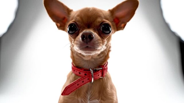 Adorable Chihuahua dog standing on hind legs, studio portrait, looking left