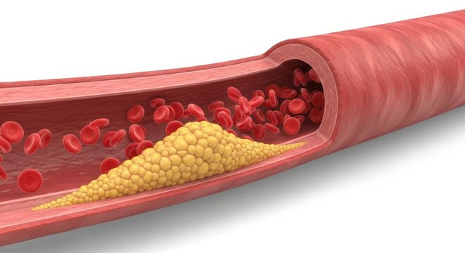  3D-Illustration einer Arterie mit Cholesterin-Plaque. Ein verengtes Blutgef&auml;&szlig; mit roten Blutk&ouml;rperchen, Konzept f&uuml;r Arteriosklerose und Herz-Kreislauf-Erkrankungen.