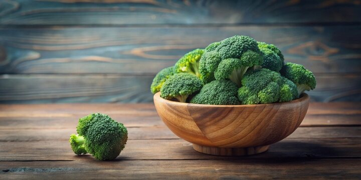 A wooden bowl brimming with fresh, vibrant broccoli florets, a single head resting nearby on a rustic wooden surface