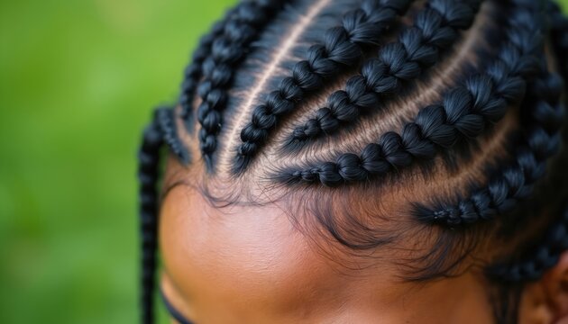 Detailed view of neat cornrow braids on dark hair. Symmetrical hair patterns with smooth edges and glossy finish against blurred green background.