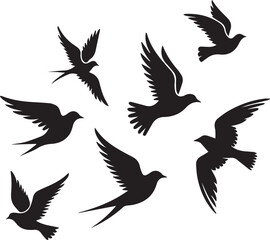 Fototapeta premium Silhouette Bird flock doodle. Flying birds black silhouettes in sky, dove, seagull or swallow group freedom outline symbol for landscape. Vector isolated