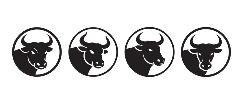 Black Bull Heads in Circular Frames on White Background, Representing Strength and Power.