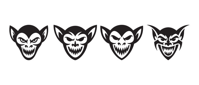 Set of four menacing monkey or demon face icons with sharp teeth and evil grins in black and white Background.